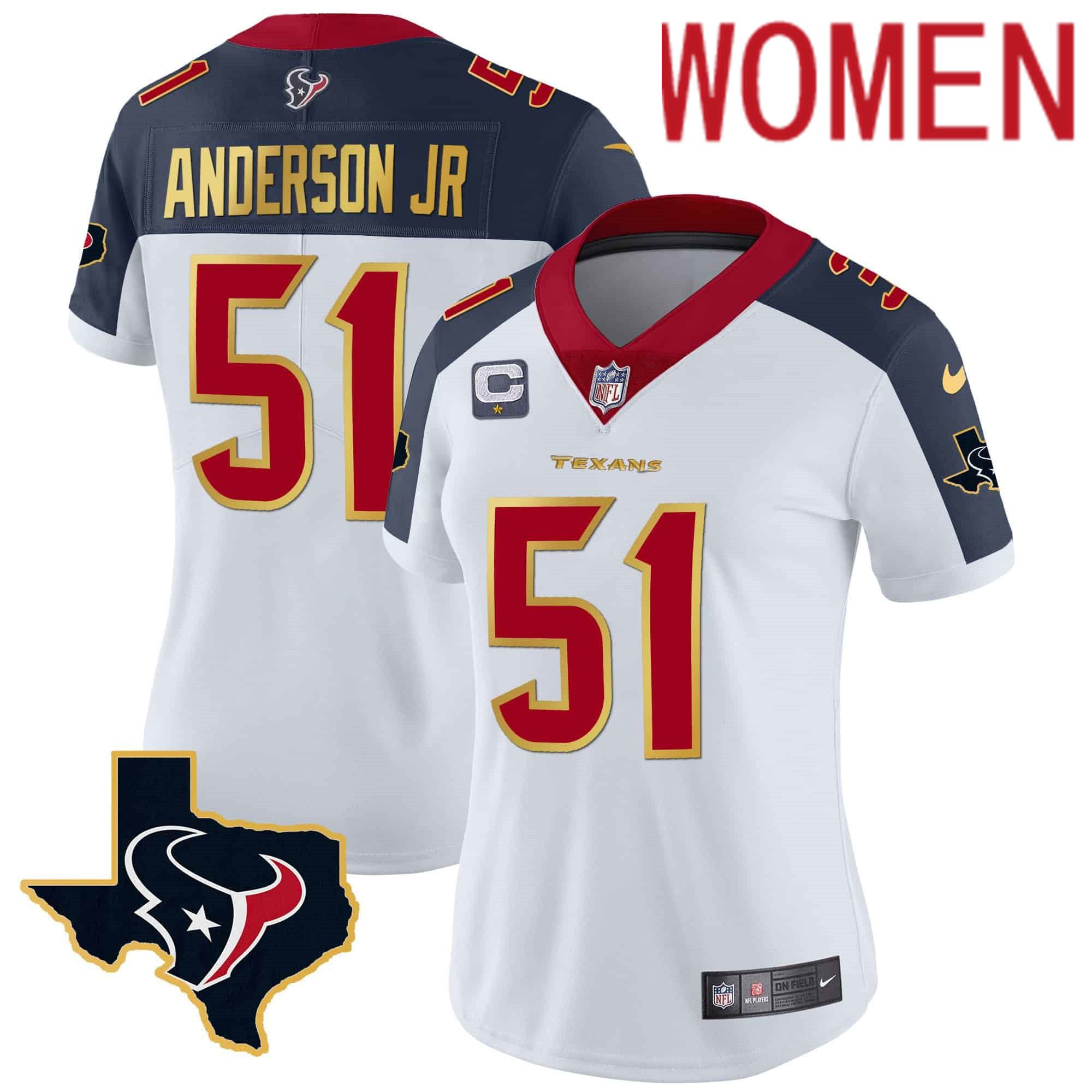 Women Houston Texans #51 Anderson jr White Gold 2024 Nike Trim Vapor NFL Jersey style 2